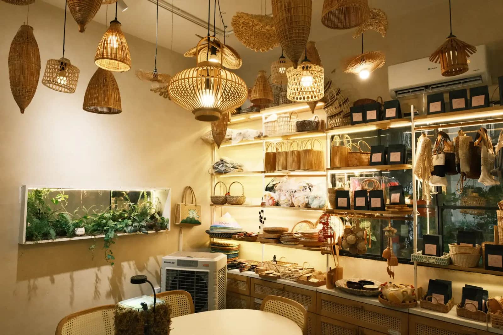 Intérieur d'une boutique aux étagères en bois éclairées